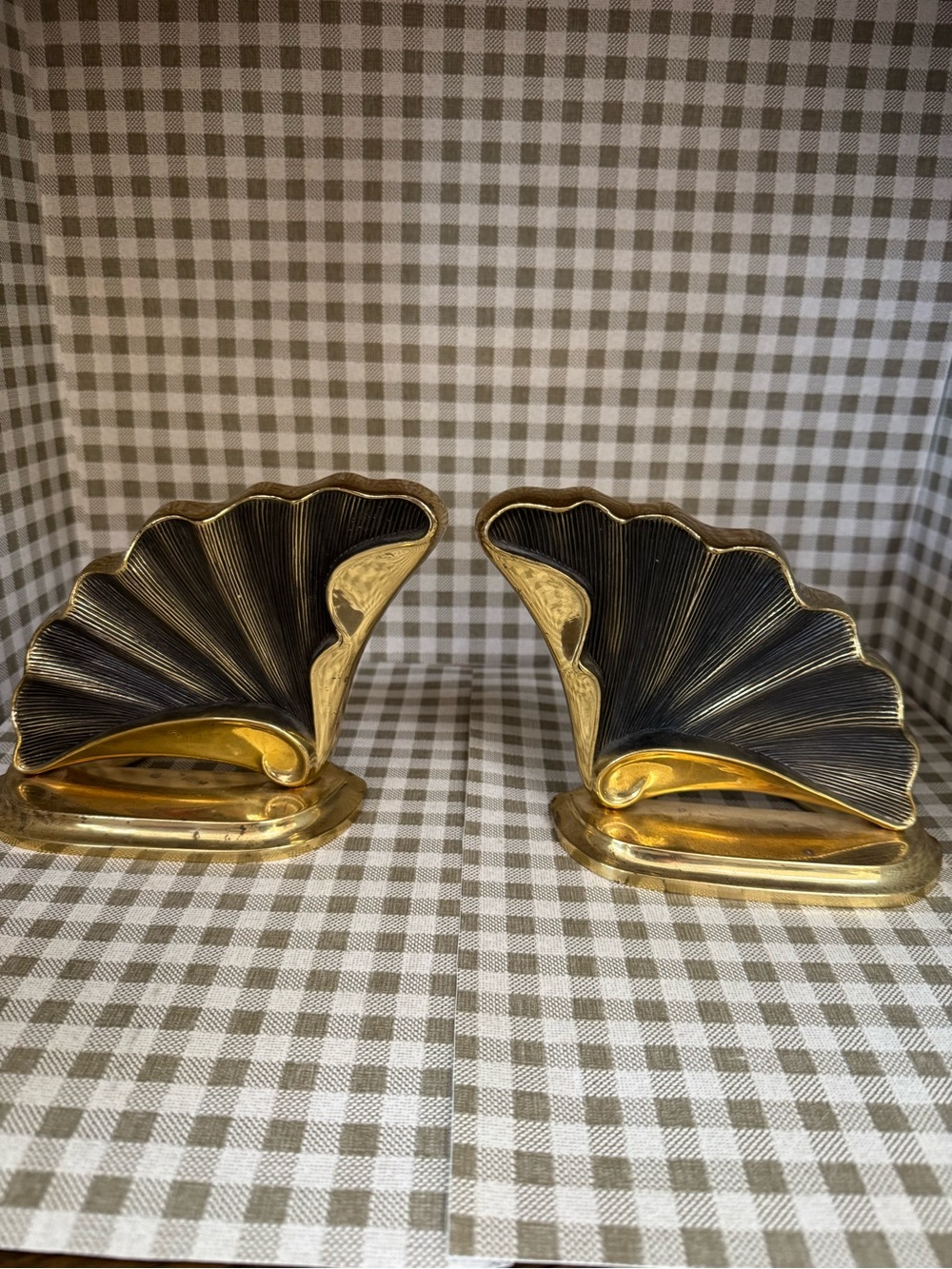 Vintage Pair Solid brass Gingko leaf bookends library - Gold and Black